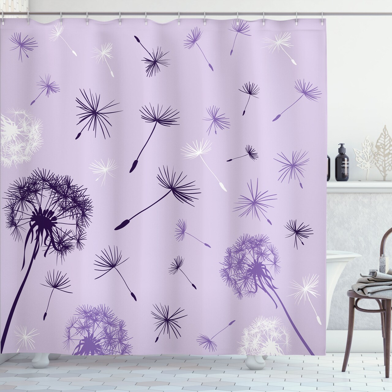 Ambesonne Dandelion Shower Curtain, Purple Tone Monochrome Design Dreamy Botany Pattern, Cloth Fabric Bathroom Decor Set with Hooks, 69" W x 70" L, Lavender Dark Purple
